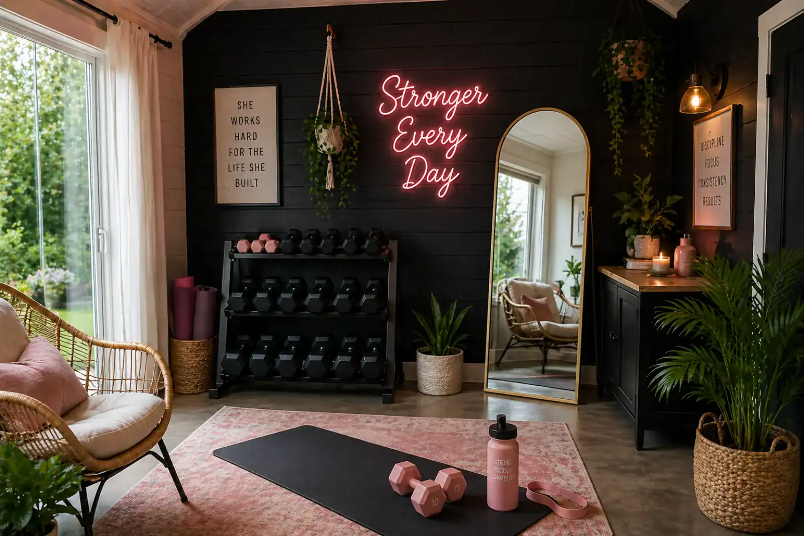 Dark moody she shed gym design with black walls, pink accents, and full-length mirror