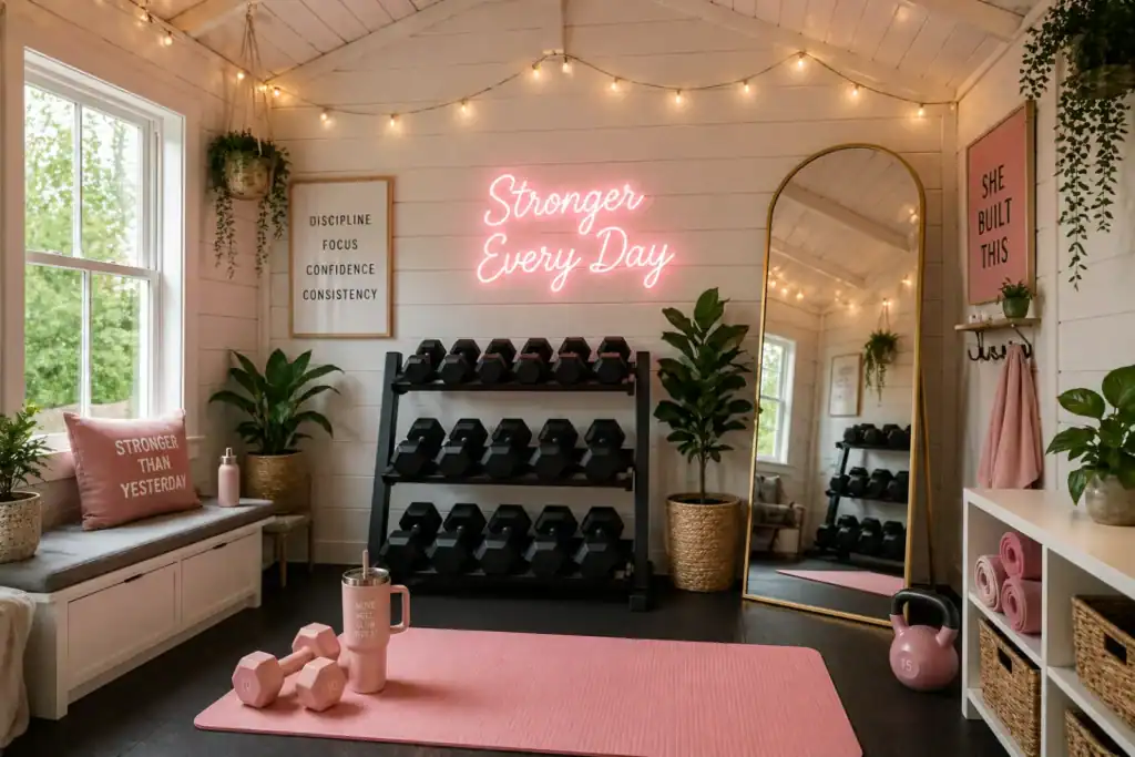 Pink she shed gym with dumbbell rack, motivational wall art, and 'Stronger Every Day' neon sign