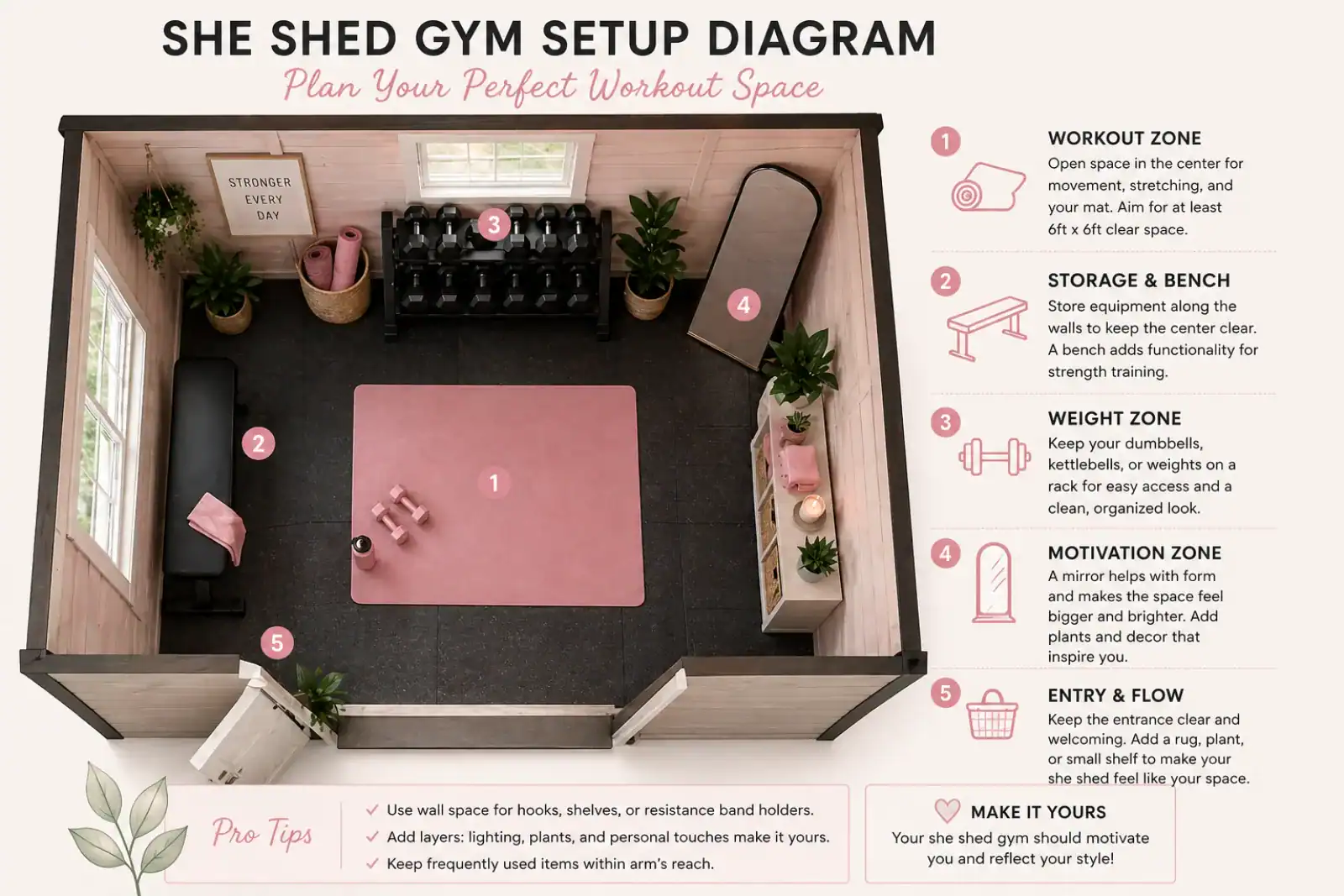 She shed gym setup diagram with five zones: workout, storage, weight, motivation, and entry