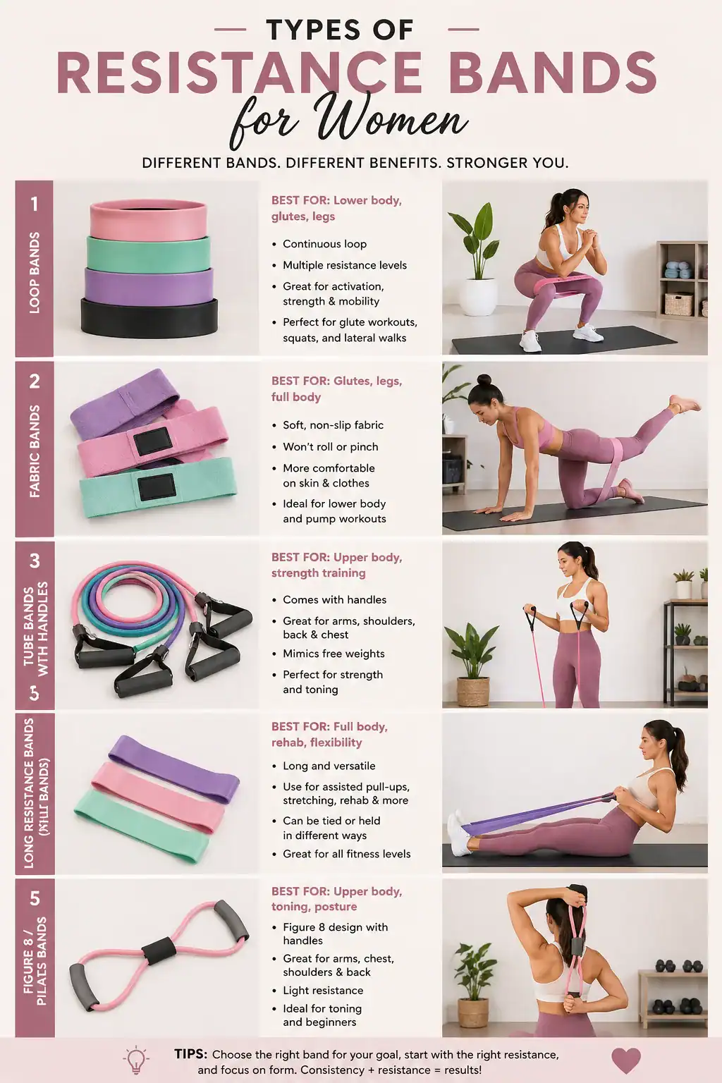Types of resistance bands for women infographic comparing loop bands, fabric bands, tube bands with handles, long pull-up bands, and figure-8 bands with best uses for each