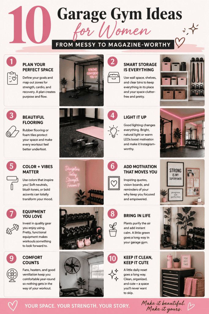 10 garage gym ideas for women - Pinterest pin showing feminine home gym makeover