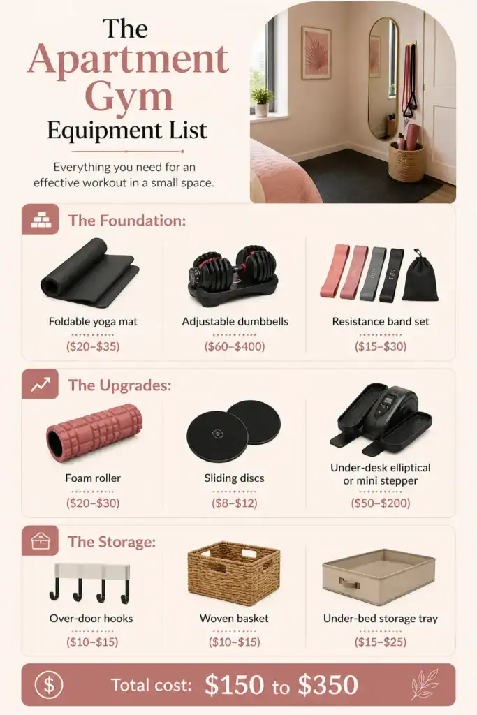 Apartment gym equipment list with foundation, upgrades, and storage tiers under $350