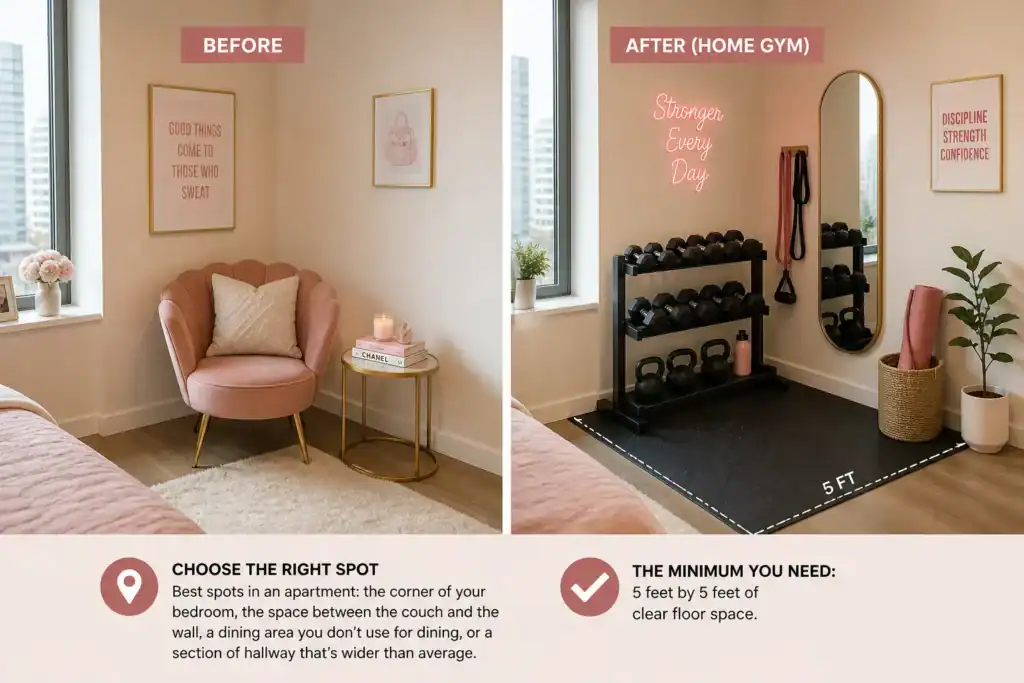 Before and after of a small bedroom corner turned into an apartment home gym with dumbbells, mat, and mirror