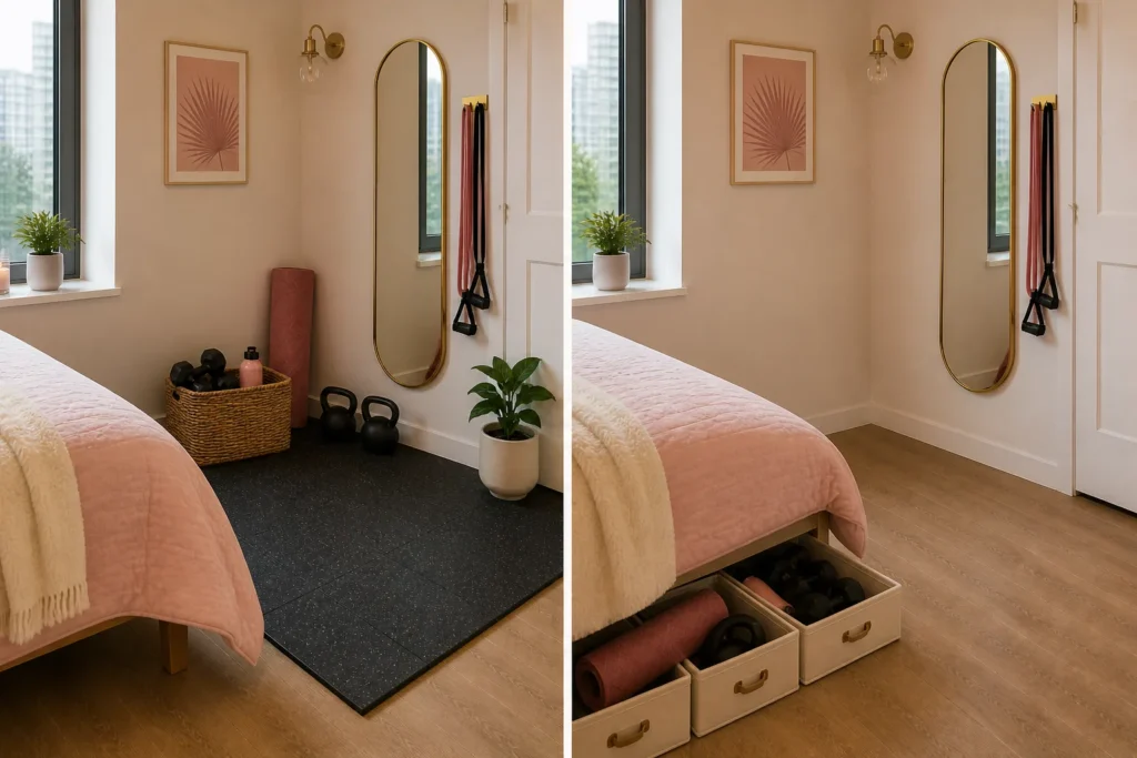 Apartment home gym storage ideas with under-bed drawers hiding workout equipment