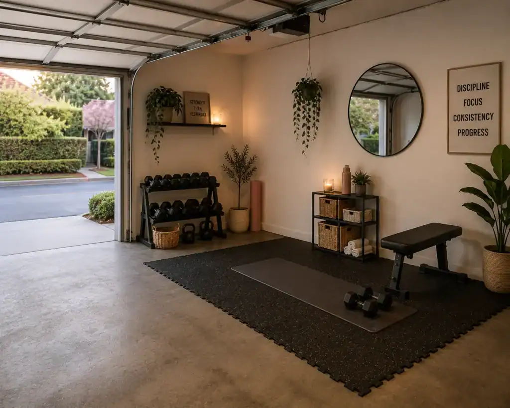Budget home garage gym ideas for women with affordable equipment and bright styling
