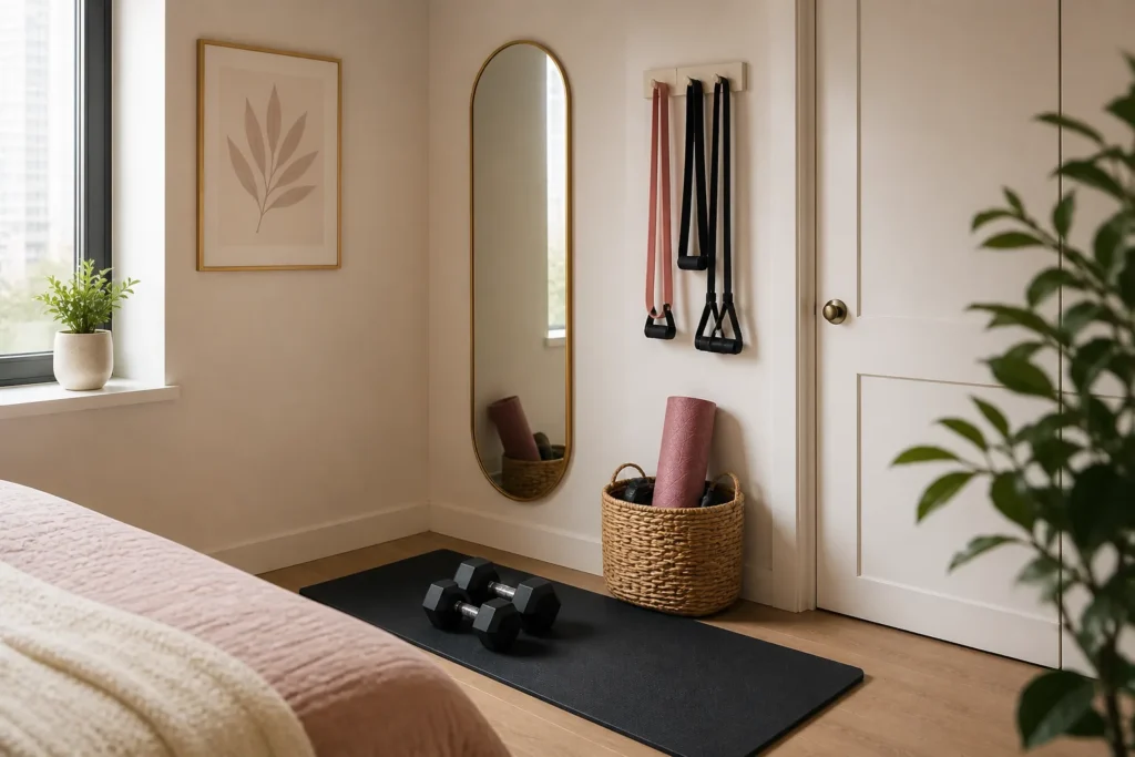 Calm minimal apartment workout corner with yoga mat, dumbbells, mirror, and plant