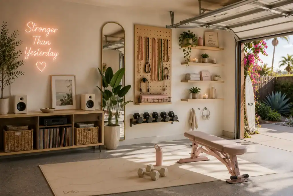 Feminine garage gym with built-in sound system for music while working out