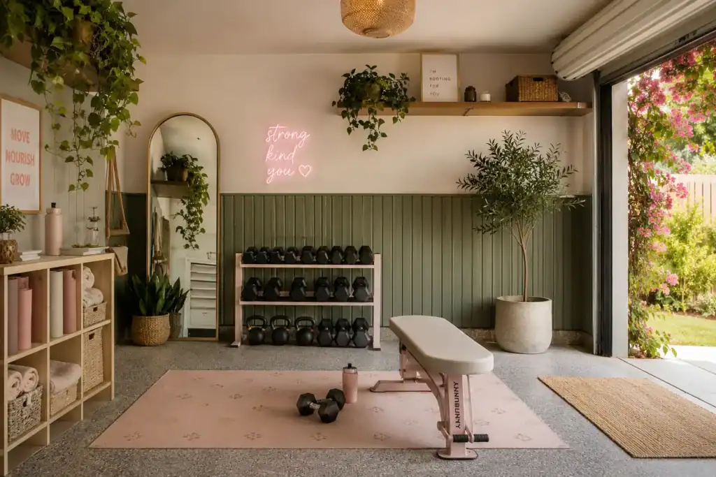 Feminine garage home gym setup with light walls, mirrors, and styled equipment