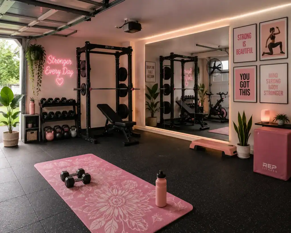 Fun feminine home gym design with personality, color, and mood lighting