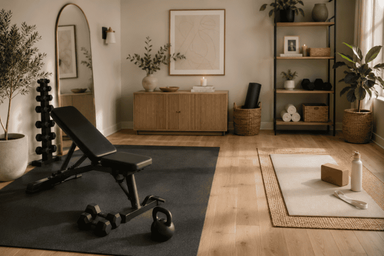 Home gym with cork, rubber, and wood flooring, yoga mat, and weights.