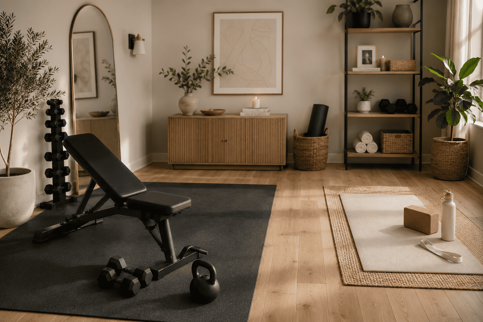Home gym with cork, rubber, and wood flooring, yoga mat, and weights.