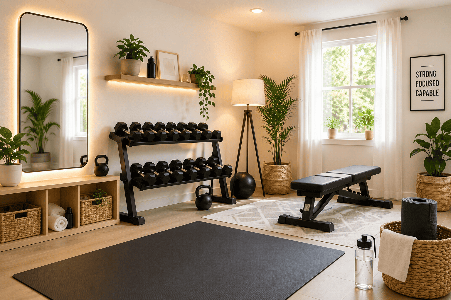 Bright and inviting home gym with lighting, plants, and workout equipment.