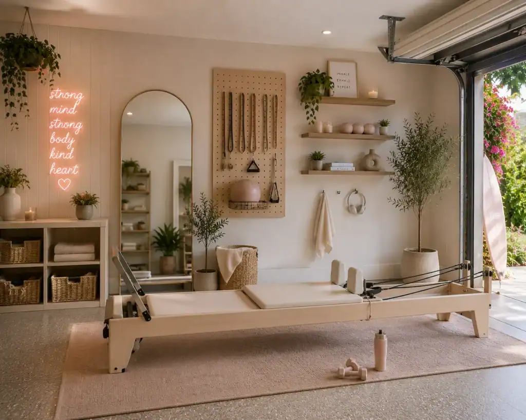 Pilates garage gym setup for women with reformer alternatives and floor space