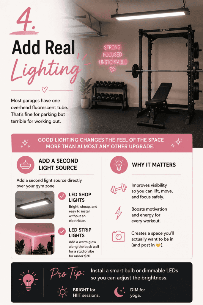 Real lighting ideas for garage gyms - Pinterest pin with bright, warm lighting examples