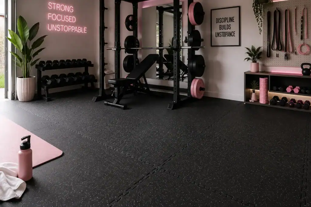 Rubber flooring options for a feminine garage gym, soft on joints and easy to clean