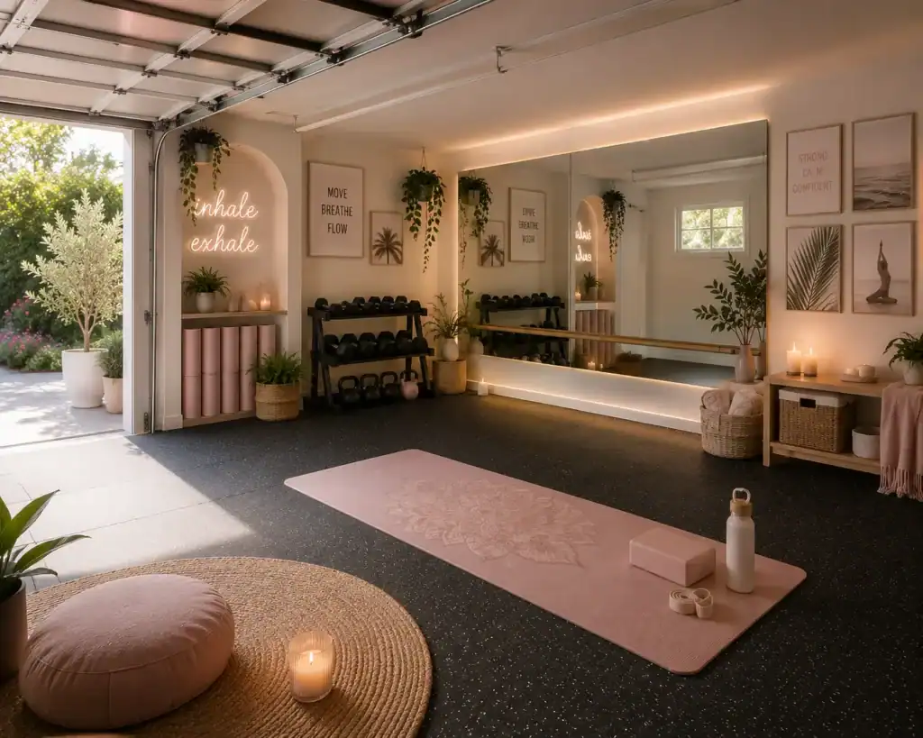Yoga garage gym corner for women with mat, props, and calming styling