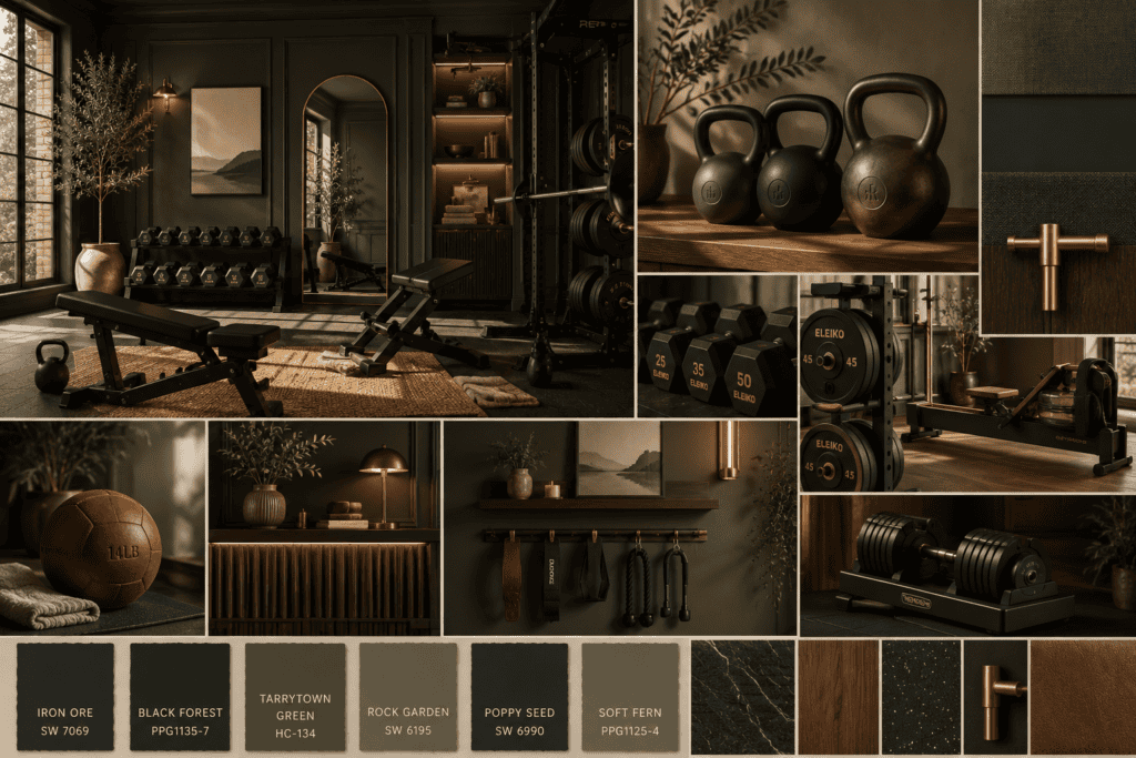 Modern home gym with kettlebells, weights, and workout equipment in a stylish green and black decor.