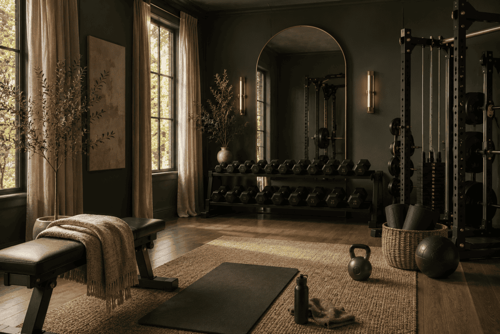 Strength training gym with free weights and workout equipment in a cozy, well-lit room.