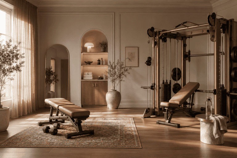 Home gym with weight equipment and cozy decor in a stylish, well-lit room.