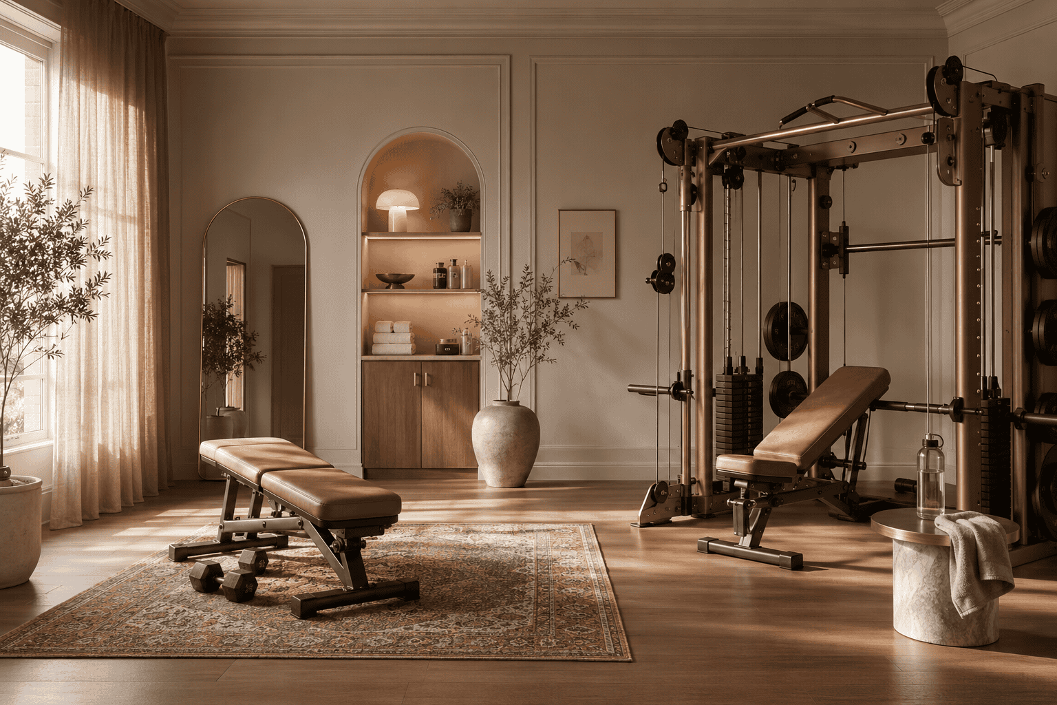 Home gym with weight equipment and cozy decor in a stylish, well-lit room.