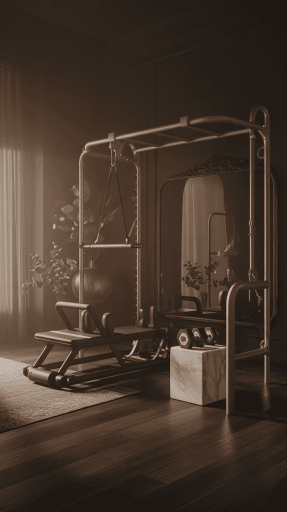 A comfortable home gym setup with workout equipment and natural lighting.