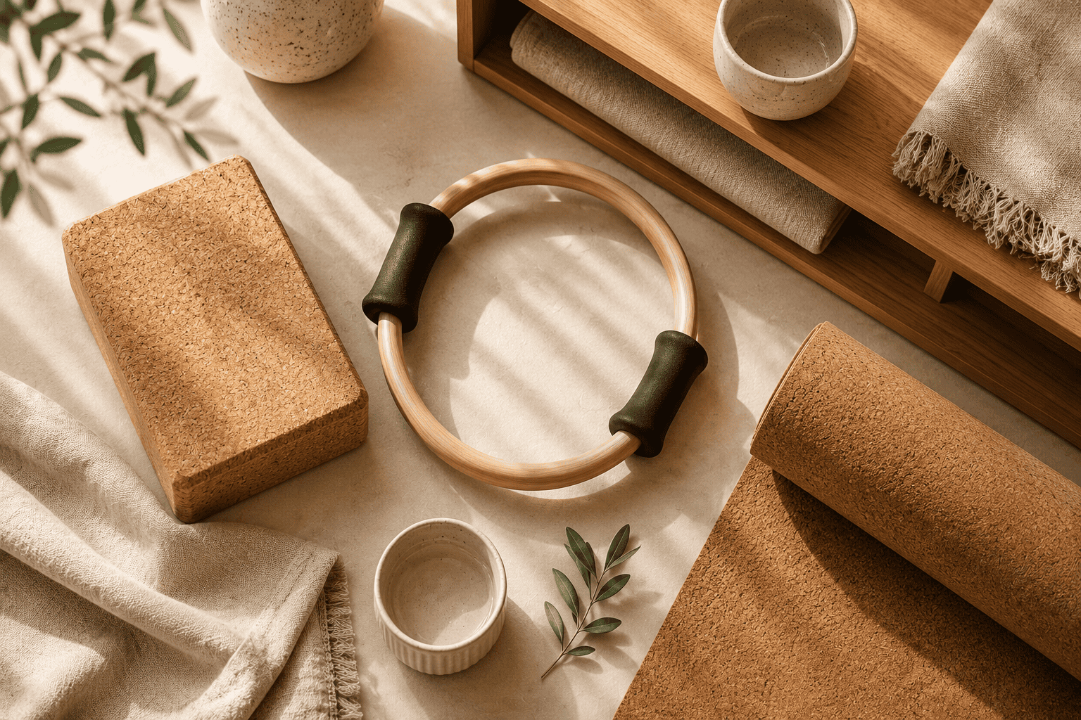 Pilates and yoga accessories on a cozy, neutral-toned setup for wellness and fitness.
