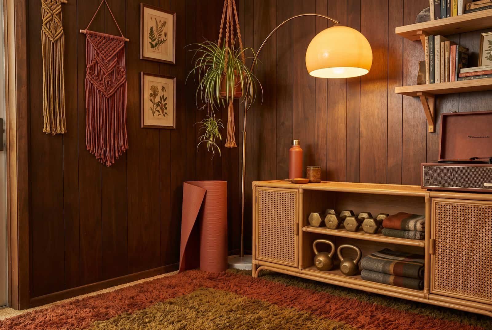 1970s ranch home gym design with warm wood paneling and terracotta accents