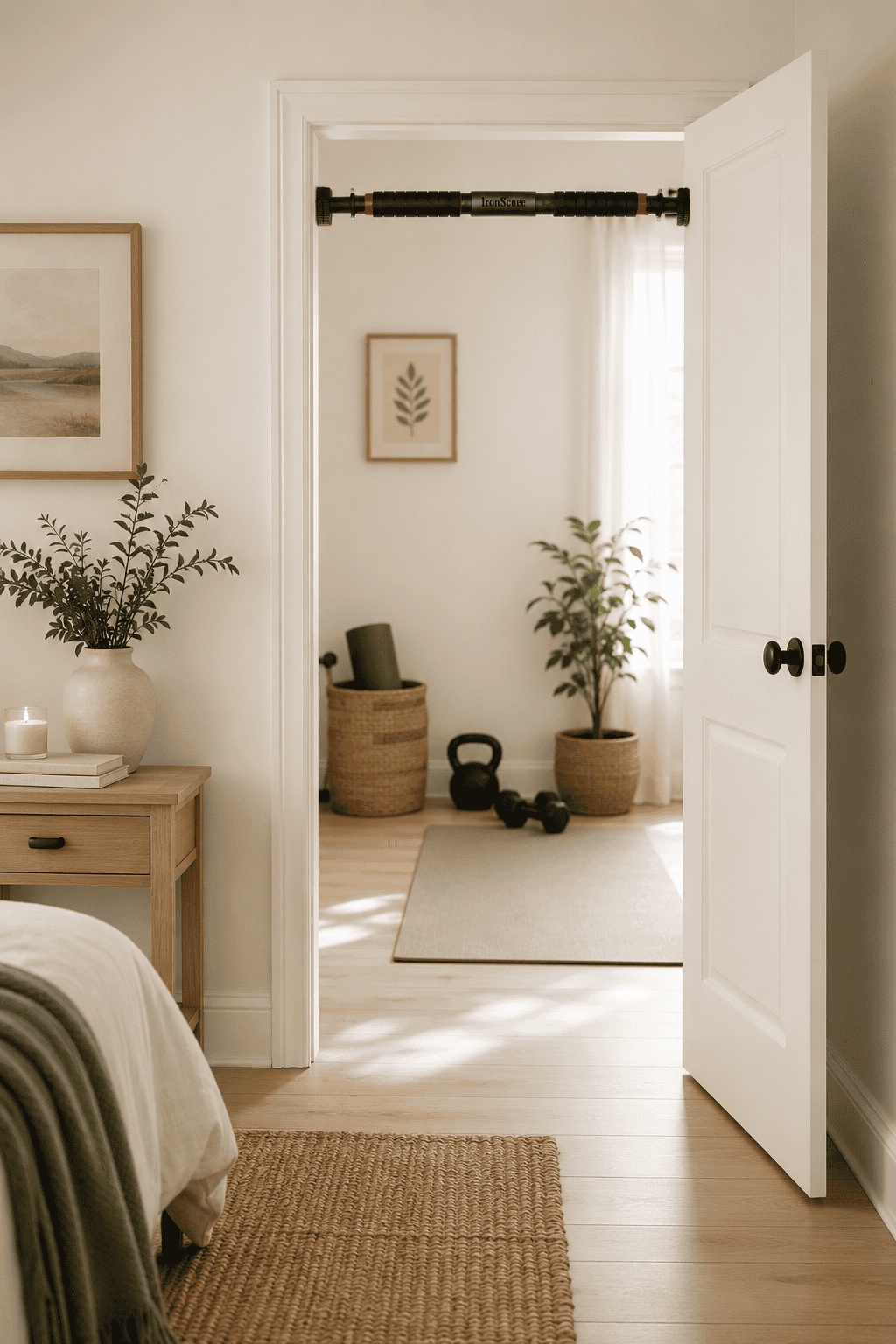 Pull-up bar installed in doorway for home workout exercises