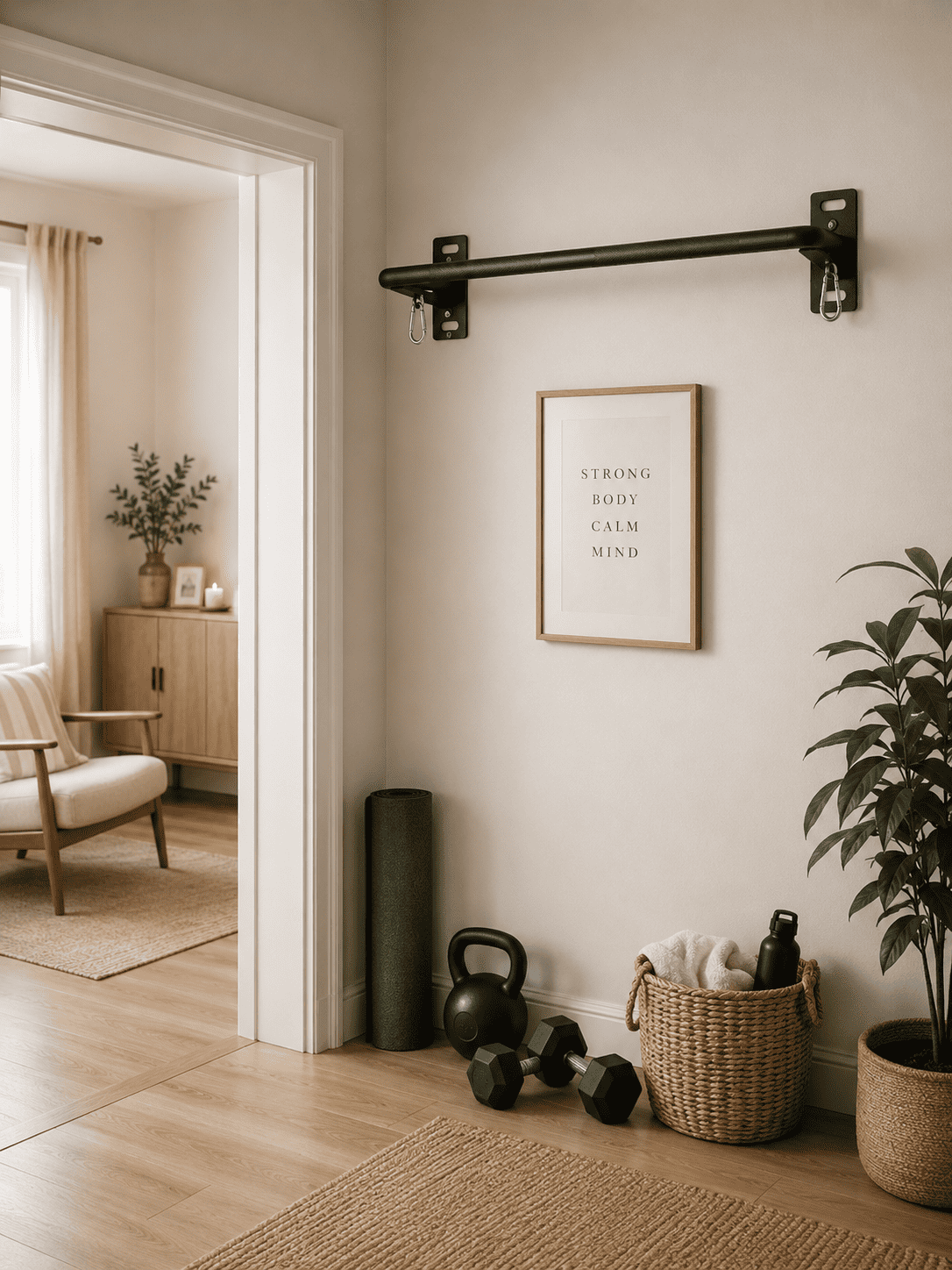 Home gym corner with pull-up bar, kettlebell, dumbbells, and plants.