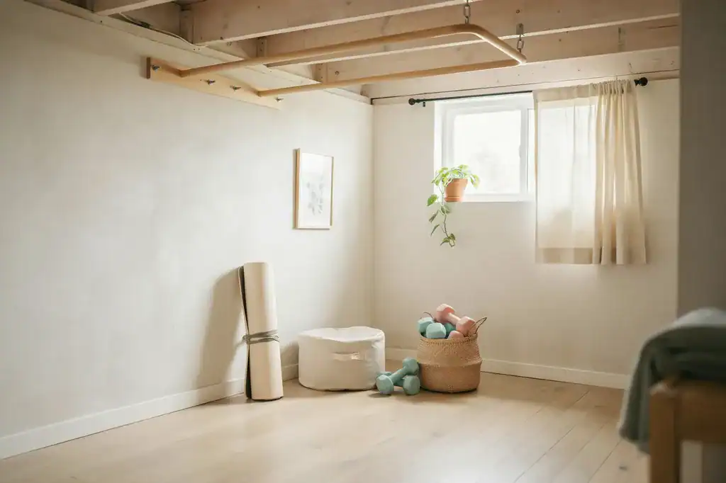 Minimalist home gym with yoga mat, weights, and natural light.