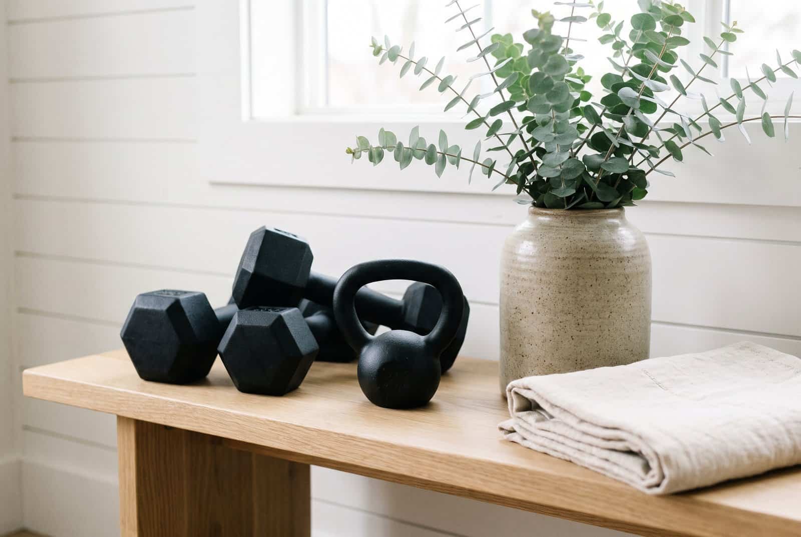Modern farmhouse home gym design detail with matte black dumbbells on an oak bench
