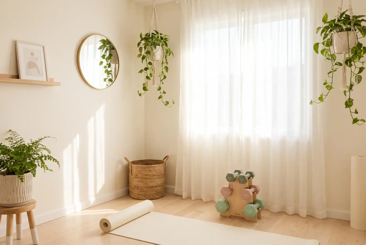 Home gym paint colors: a bright warm white wall like Snowbound in a sunlit, feminine home gym