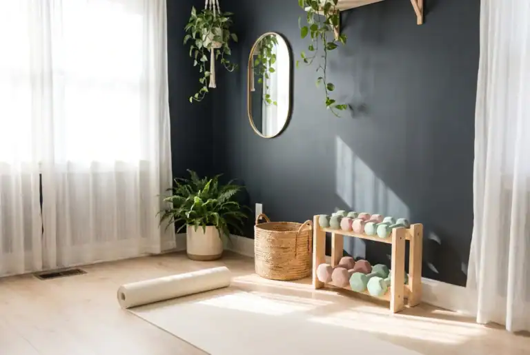 Home gym paint colors: a cool charcoal near-black accent wall in a bright, airy feminine home gym