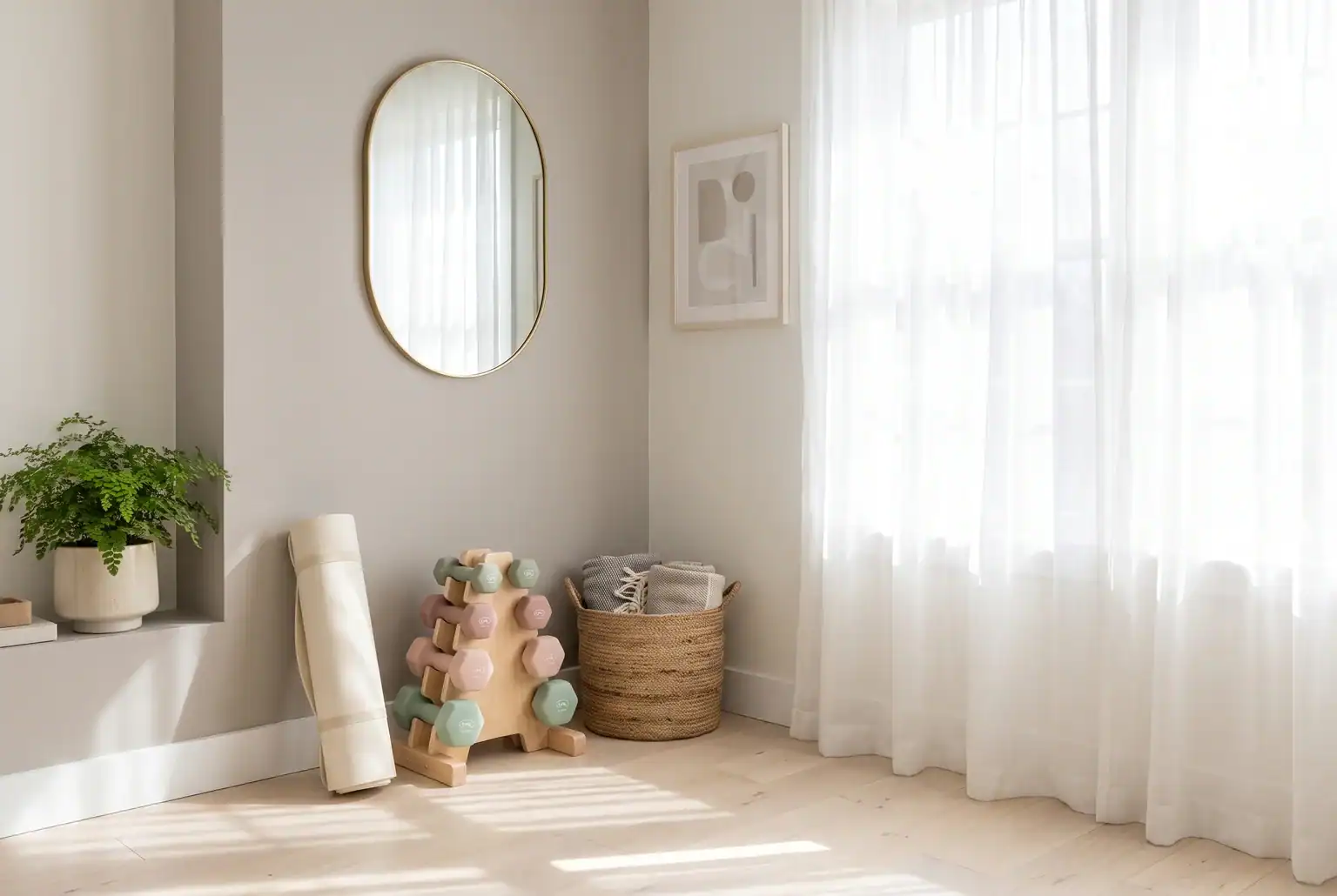 Bright feminine home gym with a soft greige feature wall, pastel dumbbells, and natural light, showing home gym paint colors in action