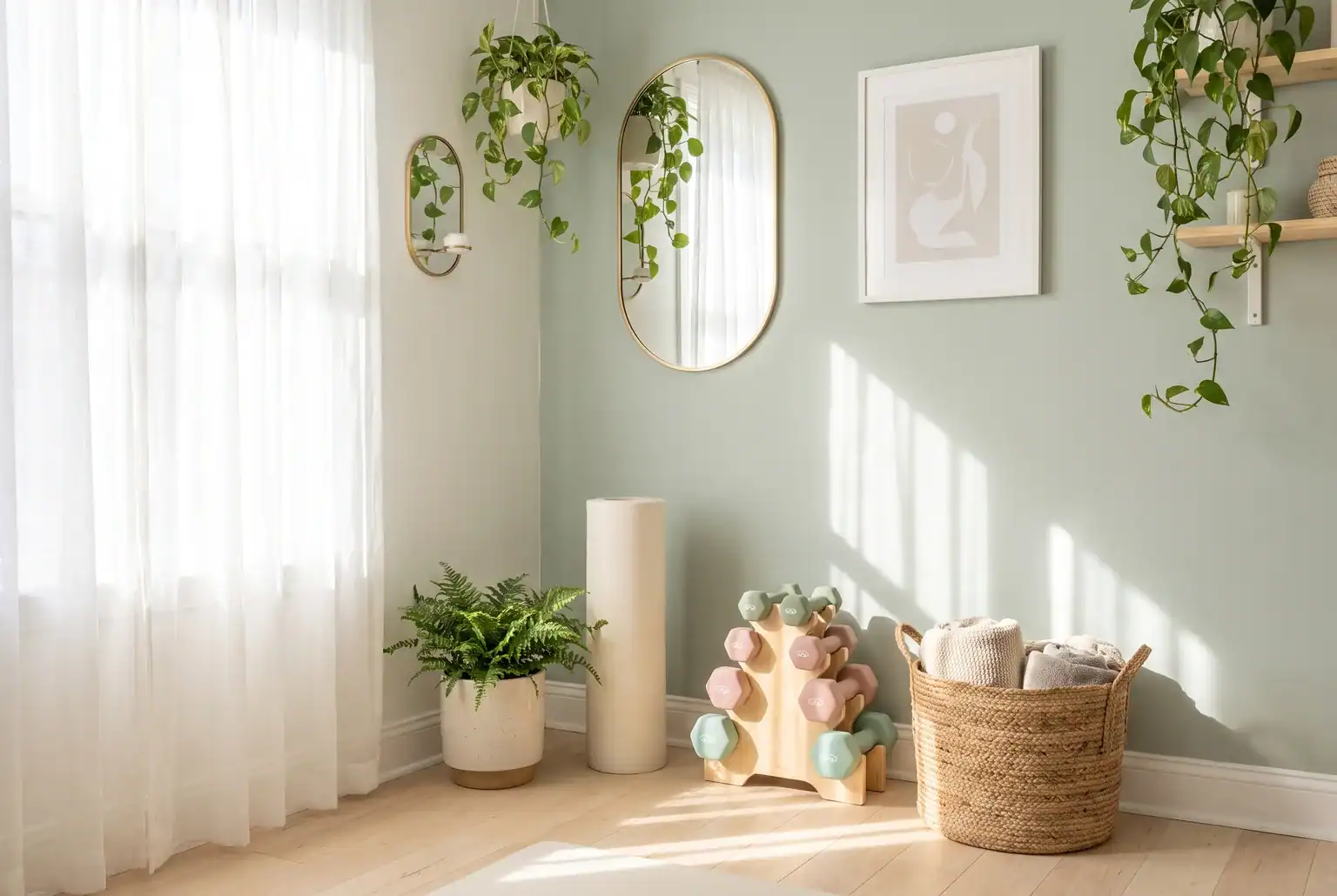 Home gym paint colors: a soft sage green wall like Sea Salt in a calm, feminine home gym