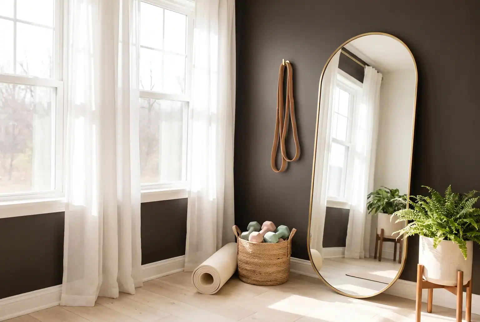 Home gym paint colors: a warm charcoal bronze feature wall like Urbane Bronze in a light, feminine home gym