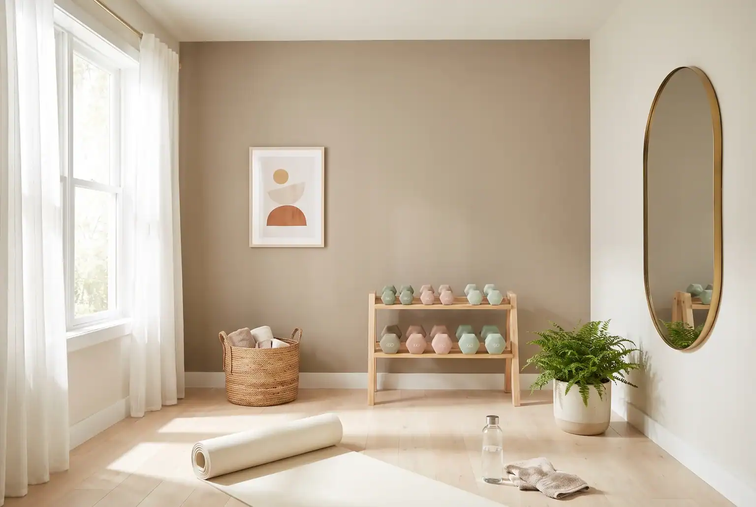 Home gym paint colors: a warm greige tan wall like Accessible Beige in a bright feminine home gym