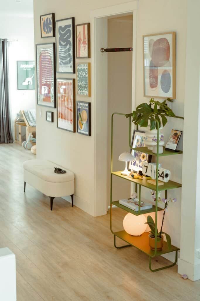 Decorative wall art and stylish shelf with plants and decor items.