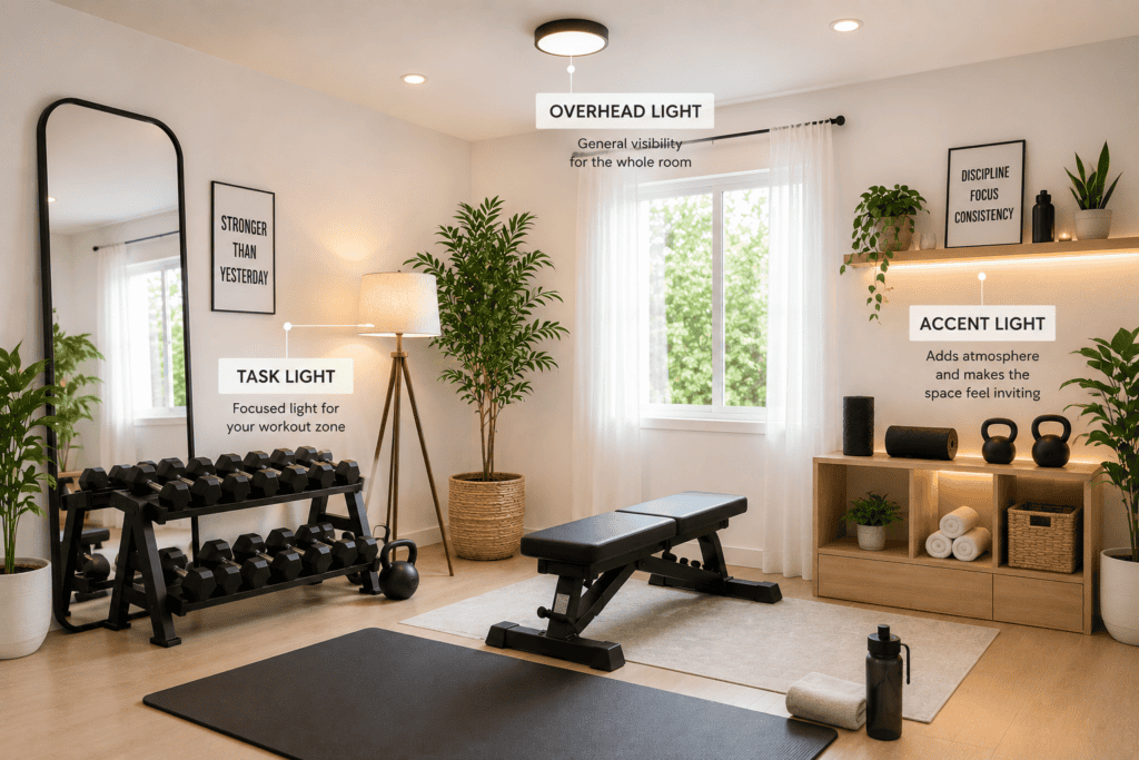 Well-lit home gym with overhead, task, and accent lighting for an inviting workout space.