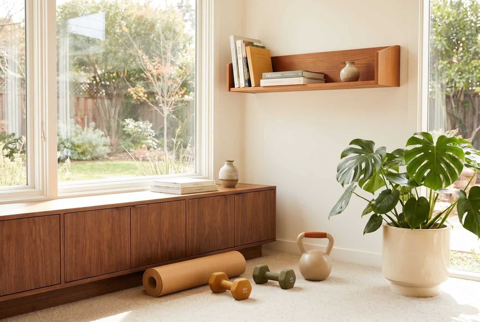 Mid-century modern home gym design with walnut storage and warm daylight