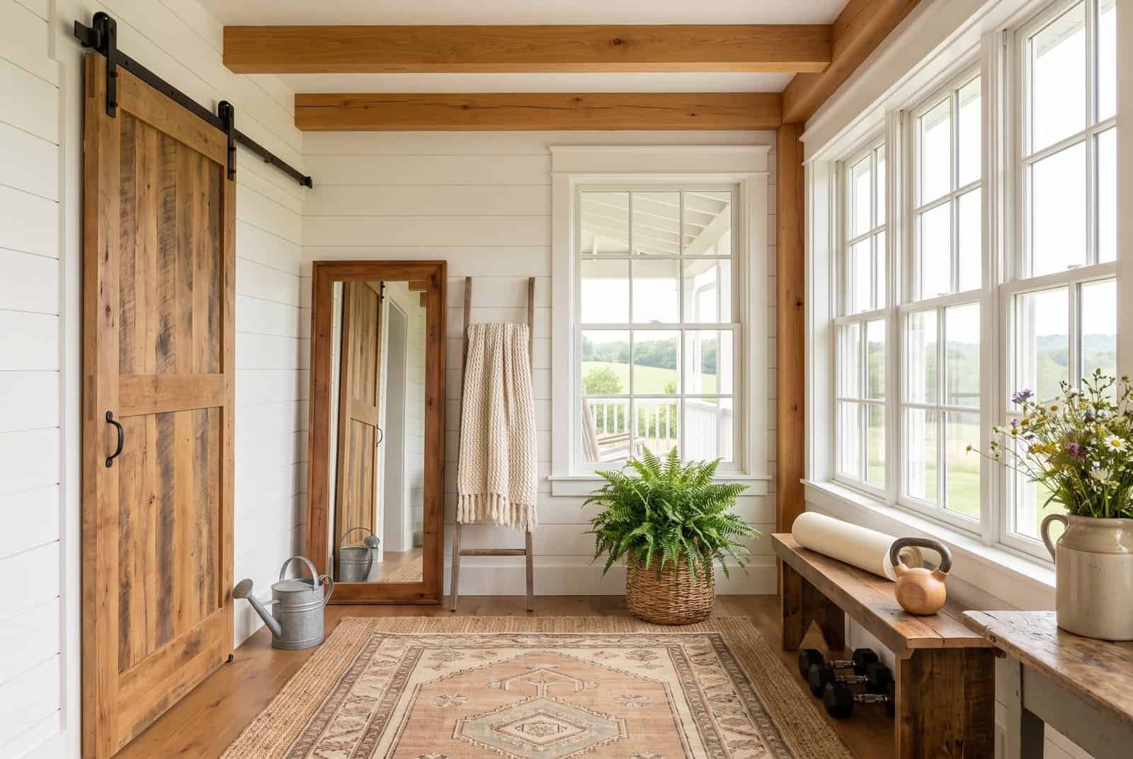 Modern farmhouse home gym design with a barn door, cottage windows and countryside views