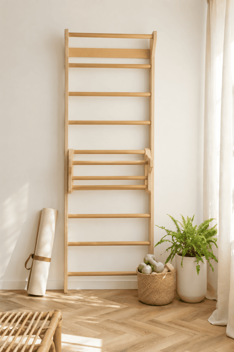 Wooden wall ladder for home workouts and stretching exercises.