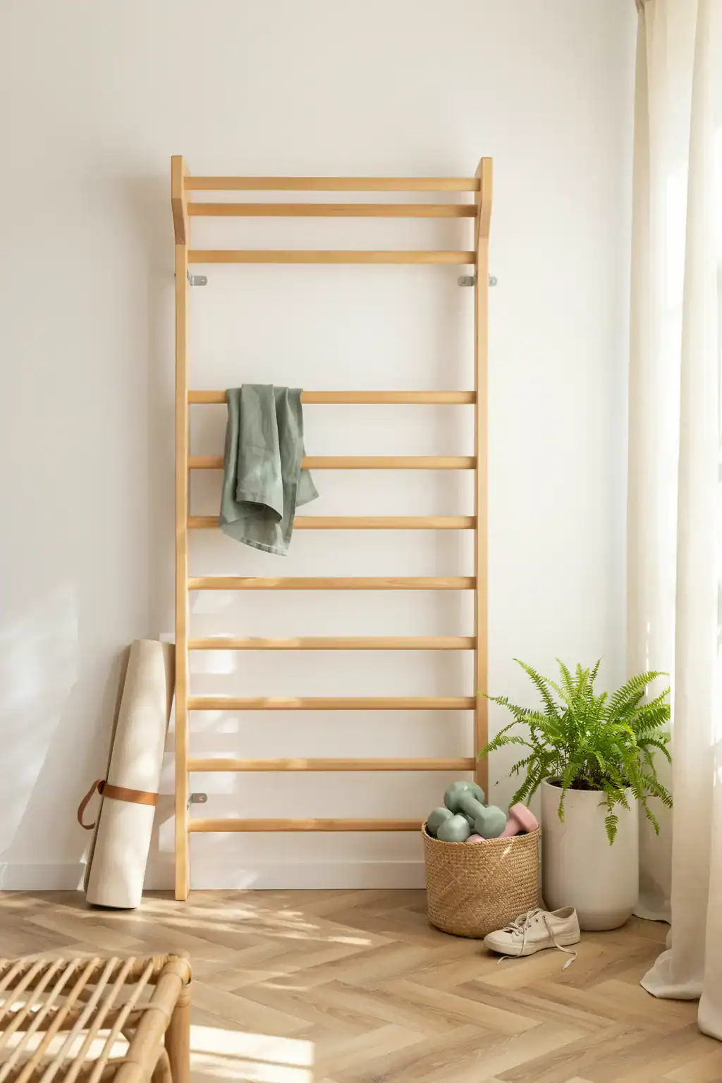 Wooden wall bars in a bright home gym with a green towel and plant.