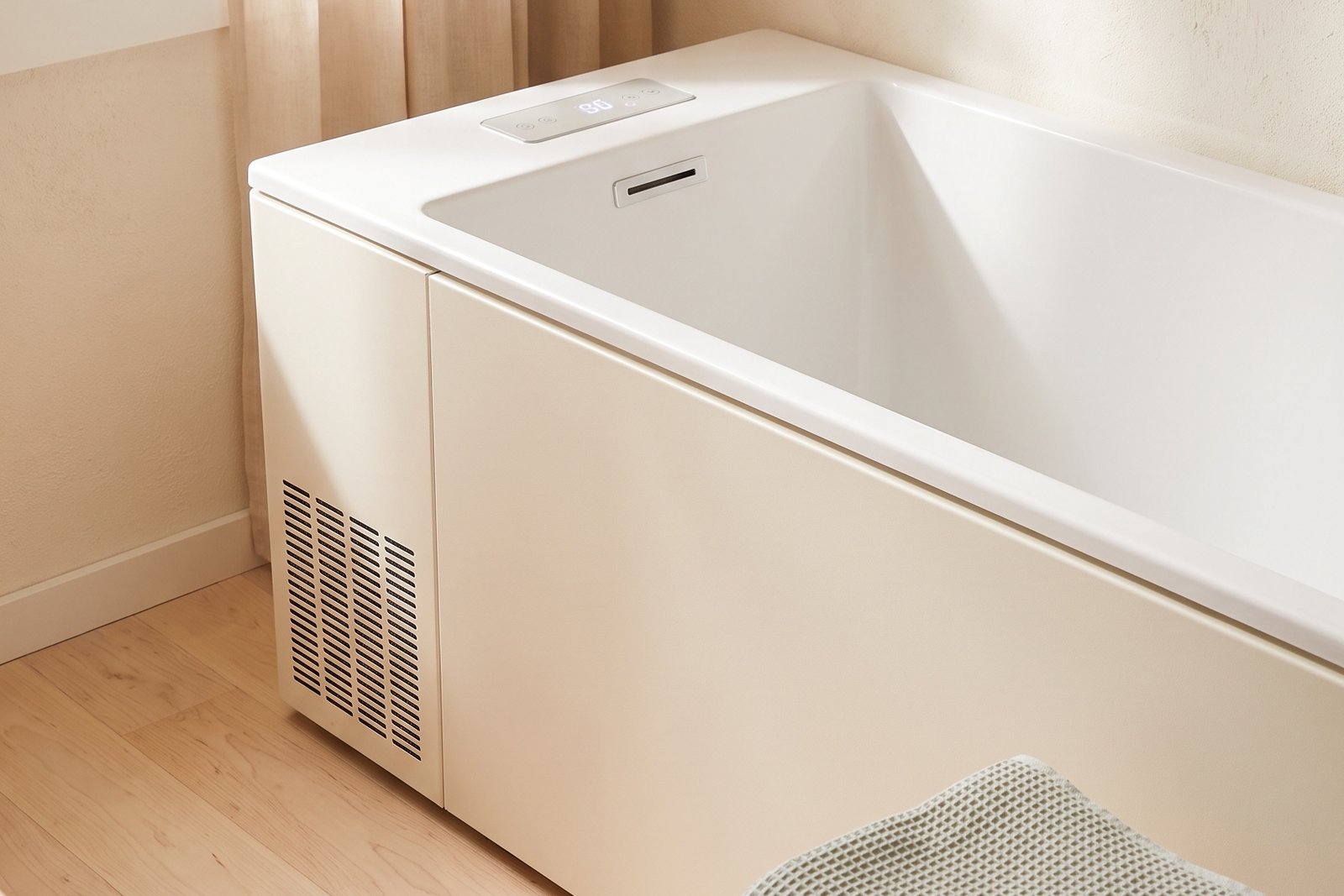 Premium cold plunge tub with built-in chiller in a bright home wellness room, no ice runs needed