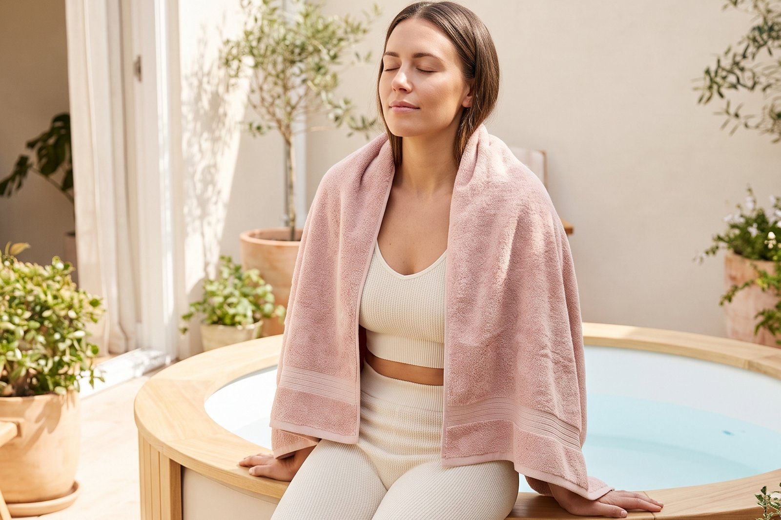 Woman with a blush towel sitting on the edge of a home cold plunge tub, an easy way to start cold water therapy at home