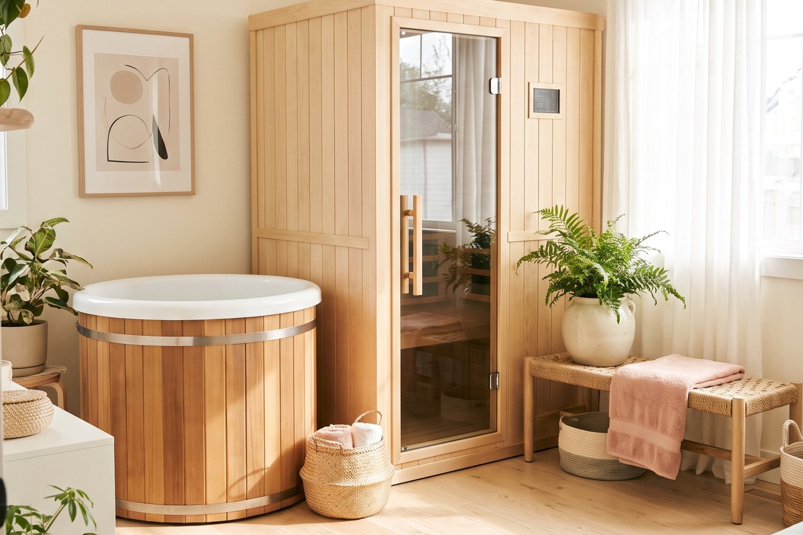 Cold plunge tub next to a home sauna for hot and cold contrast therapy in a bright wellness corner