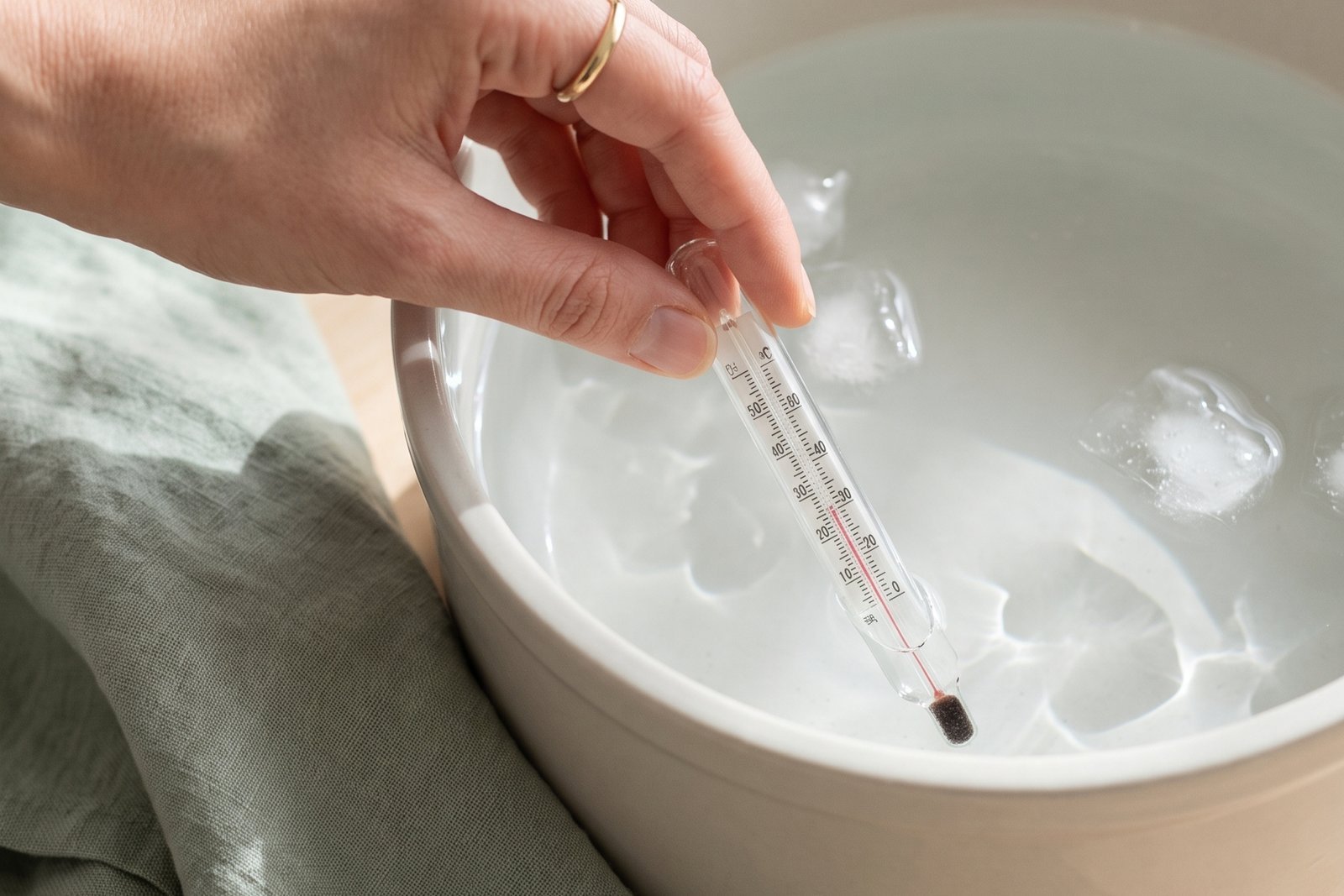 Hand checking ice water temperature with a floating thermometer, the first step in how to start cold plunging