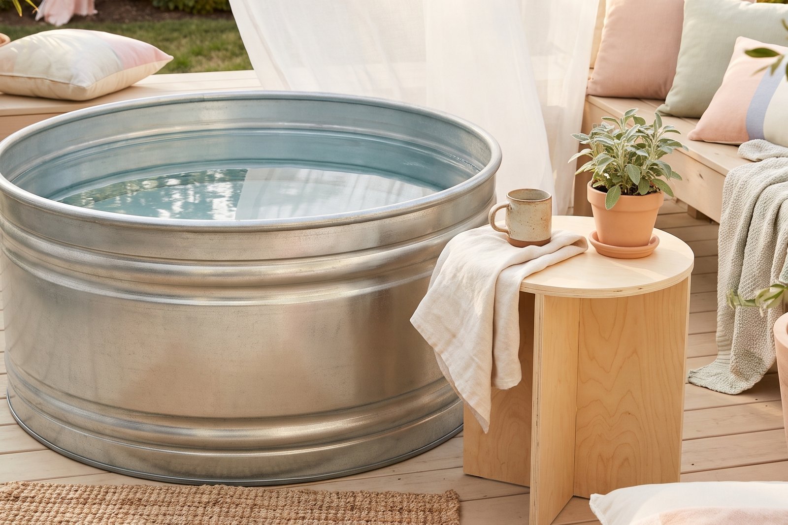 DIY galvanized stock tank cold plunge tub on a backyard patio, a budget cold plunge setup for beginners