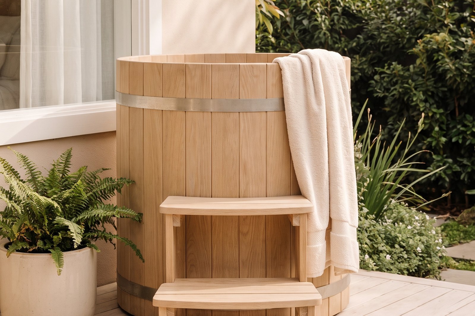 Upright ice barrel cold plunge tub with wooden steps on a patio, a space-saving vertical cold plunge design