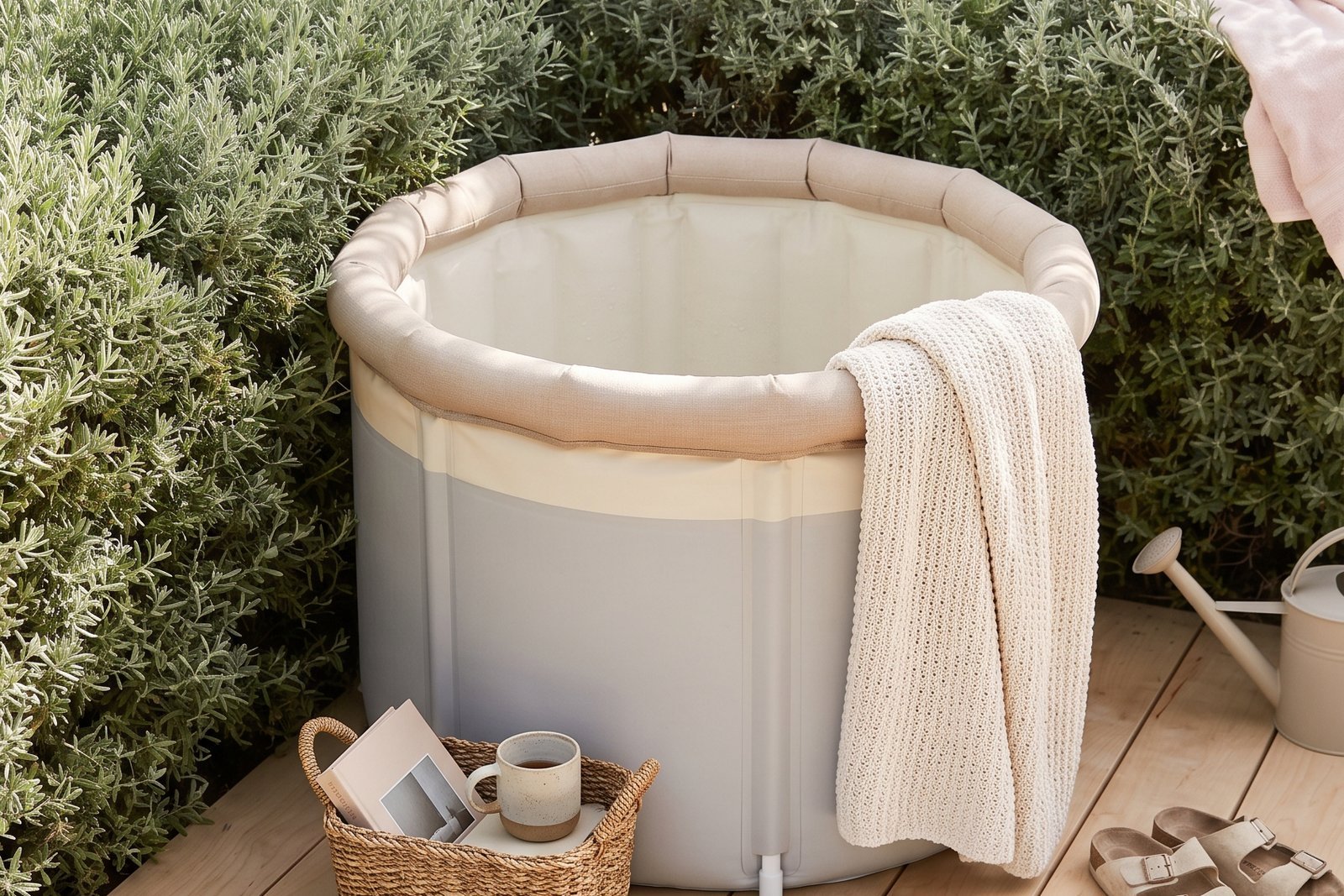 Portable inflatable cold plunge tub set up in a backyard deck nook, a foldable option under $300